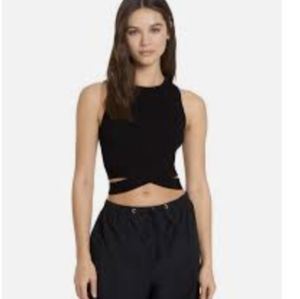 Women's Black Crop Racerback Tank Top With Criss Cross Cut outs at Waist…